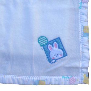 Vintage Bundles Sterncraft Baby Blanket Bunny White Fleece USA Pastel 50x38" NOS